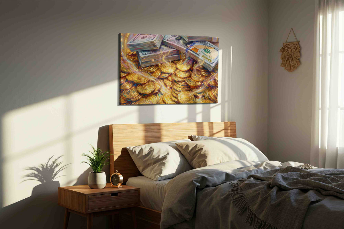 Treasure of Prosperity fortune canvas print, displayed in a bedroom