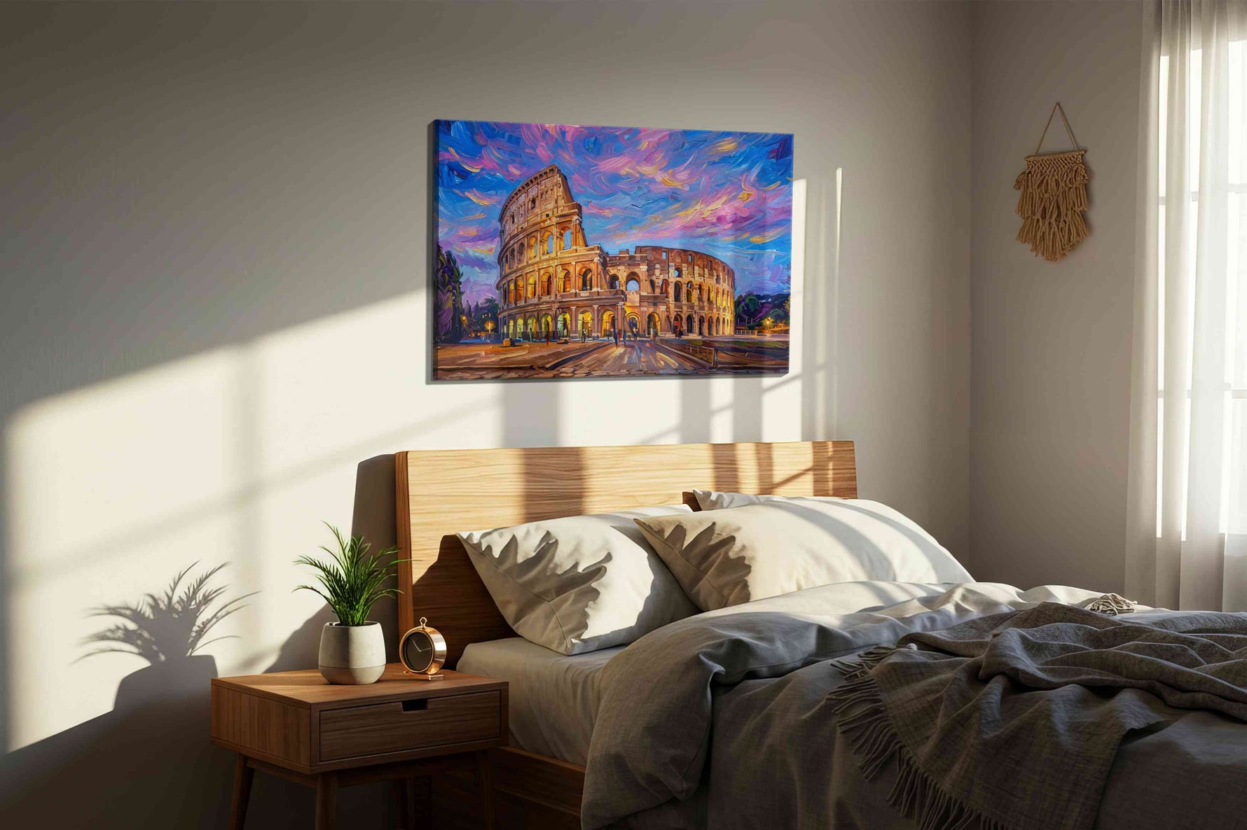 Eternal Dusk at the Colosseum urban canvas print, displayed in a bedroom
