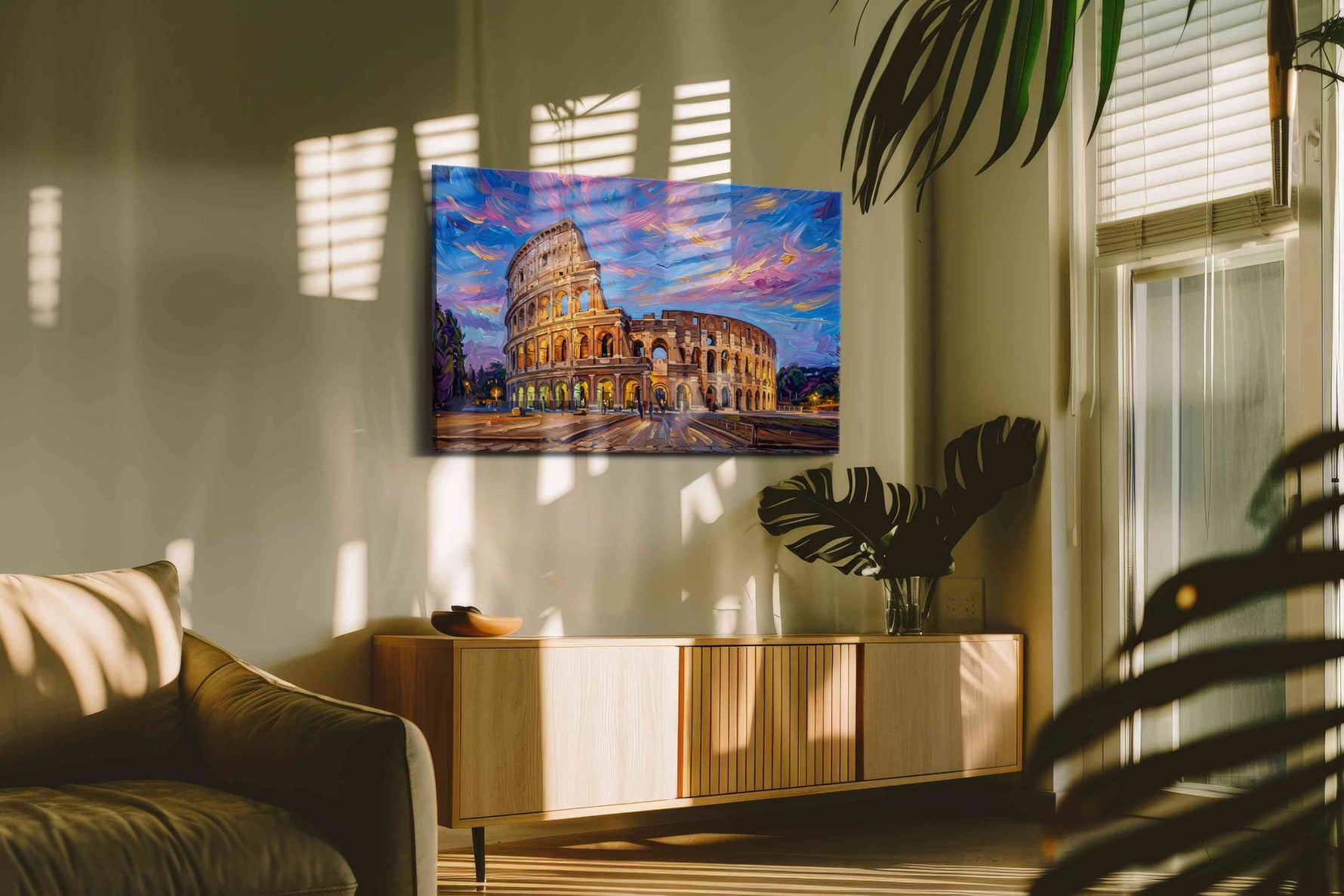 Eternal Dusk at the Colosseum urban canvas print in a hung canvas mockup