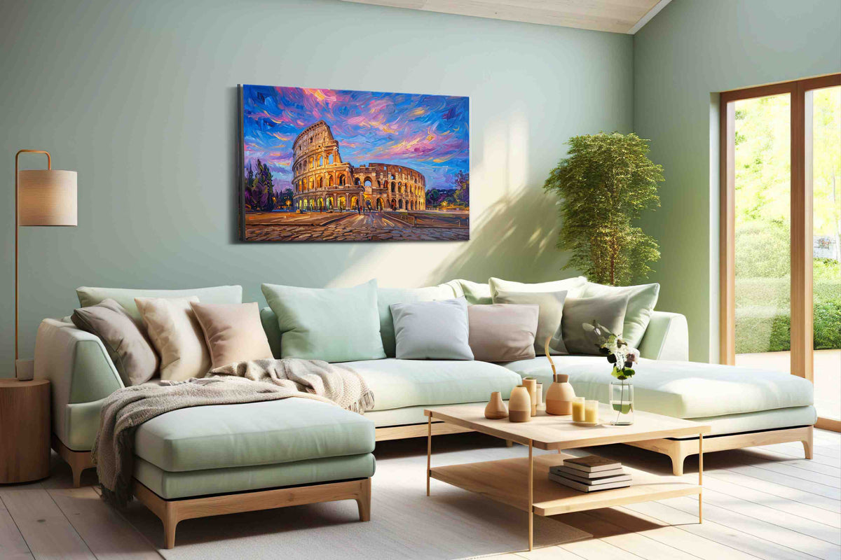 Eternal Dusk at the Colosseum urban canvas print, hanging on wall