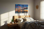 Luminescent Cityscape Crossing landmarks canvas print, displayed in a bedroom