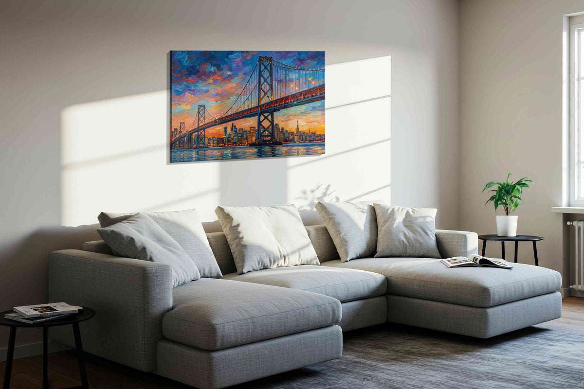 Luminescent Cityscape Crossing landmarks canvas print, displayed in a living room