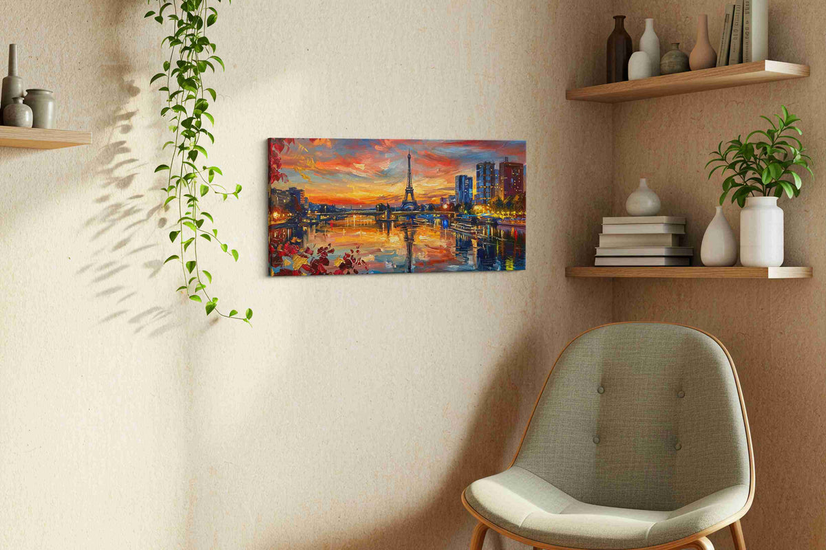 Parisian Sunset Symphony landmarks canvas print styled in a living room