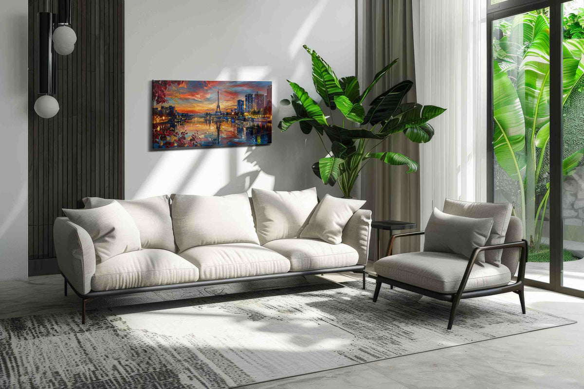 Parisian Sunset Symphony landmarks canvas print in a hung canvas mockup