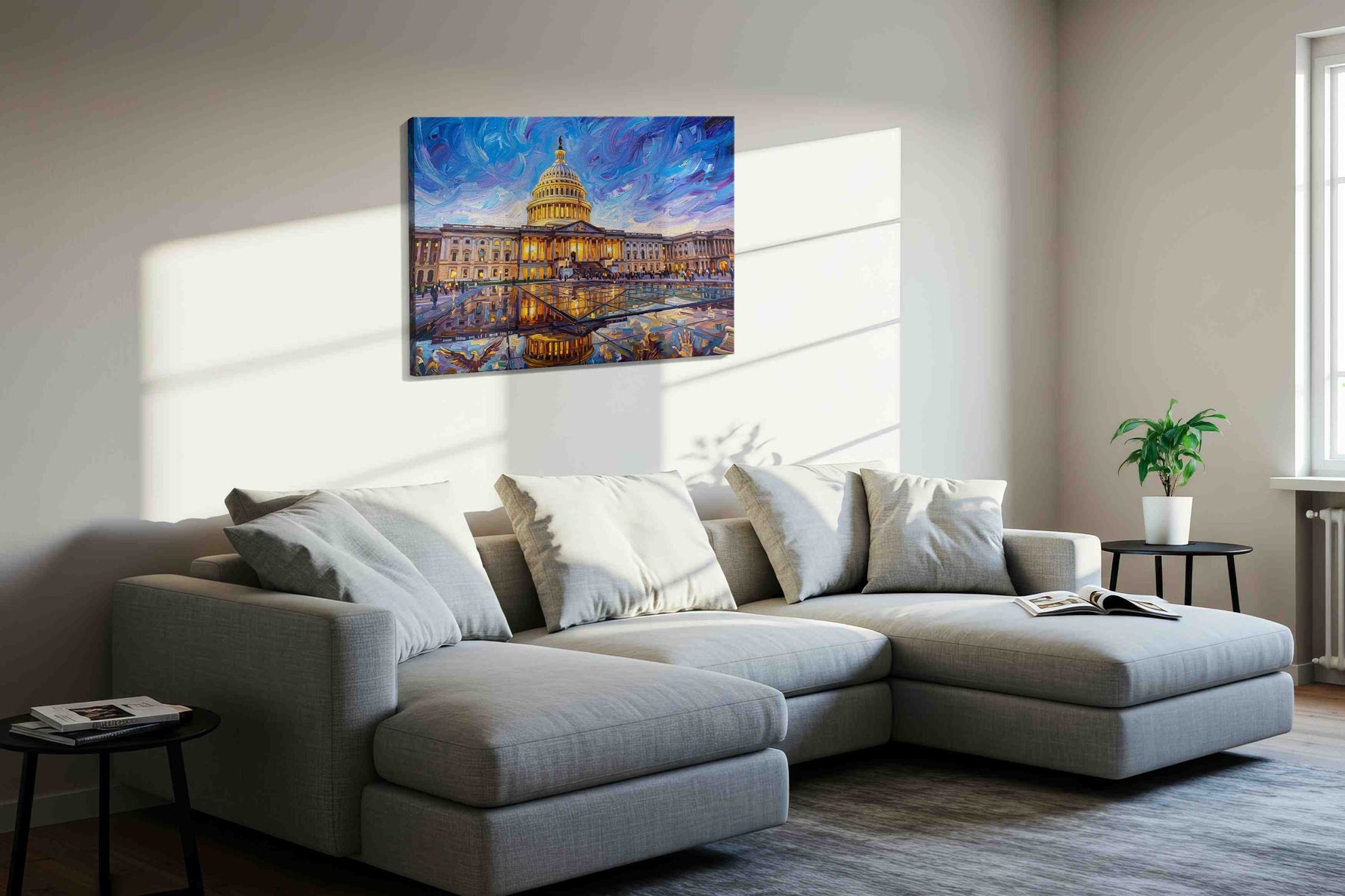 Reflections of Democracy landmarks canvas print, displayed in a living room