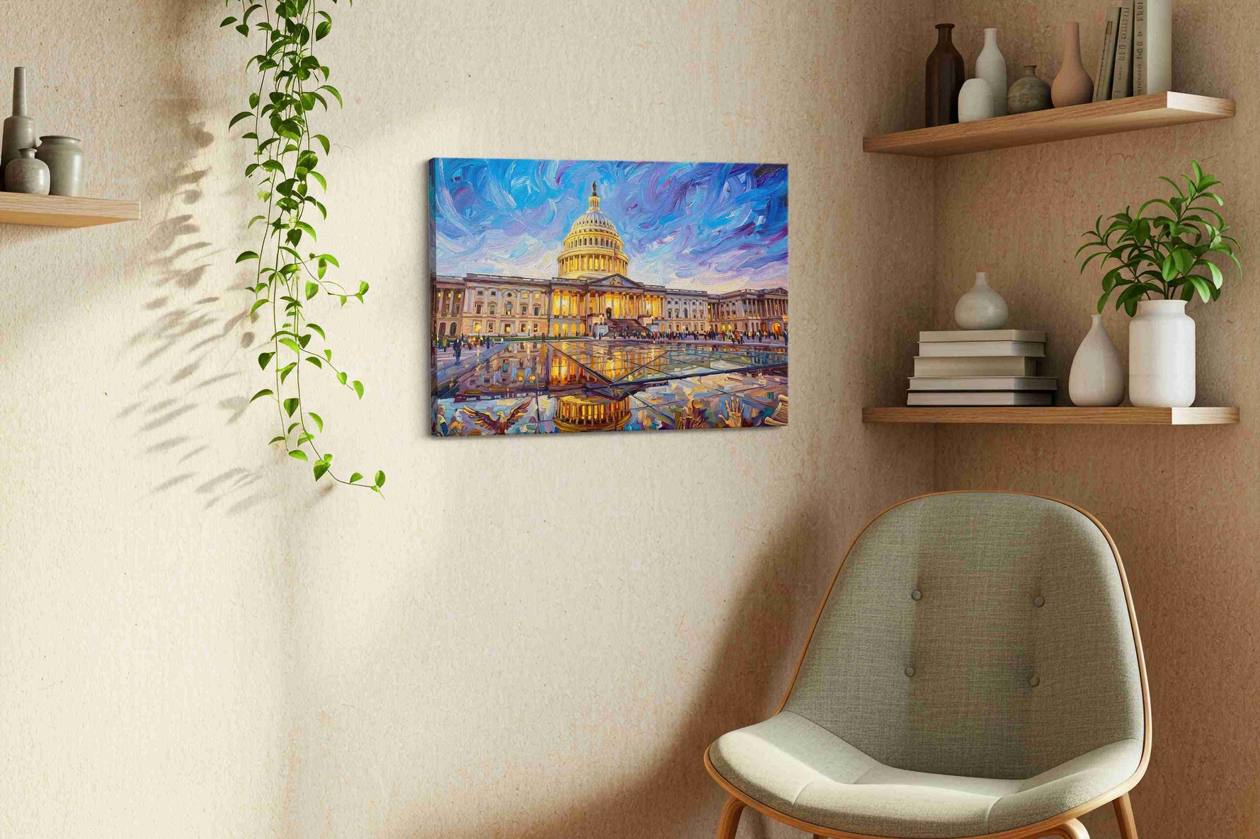 Reflections of Democracy landmarks canvas print styled in a living room