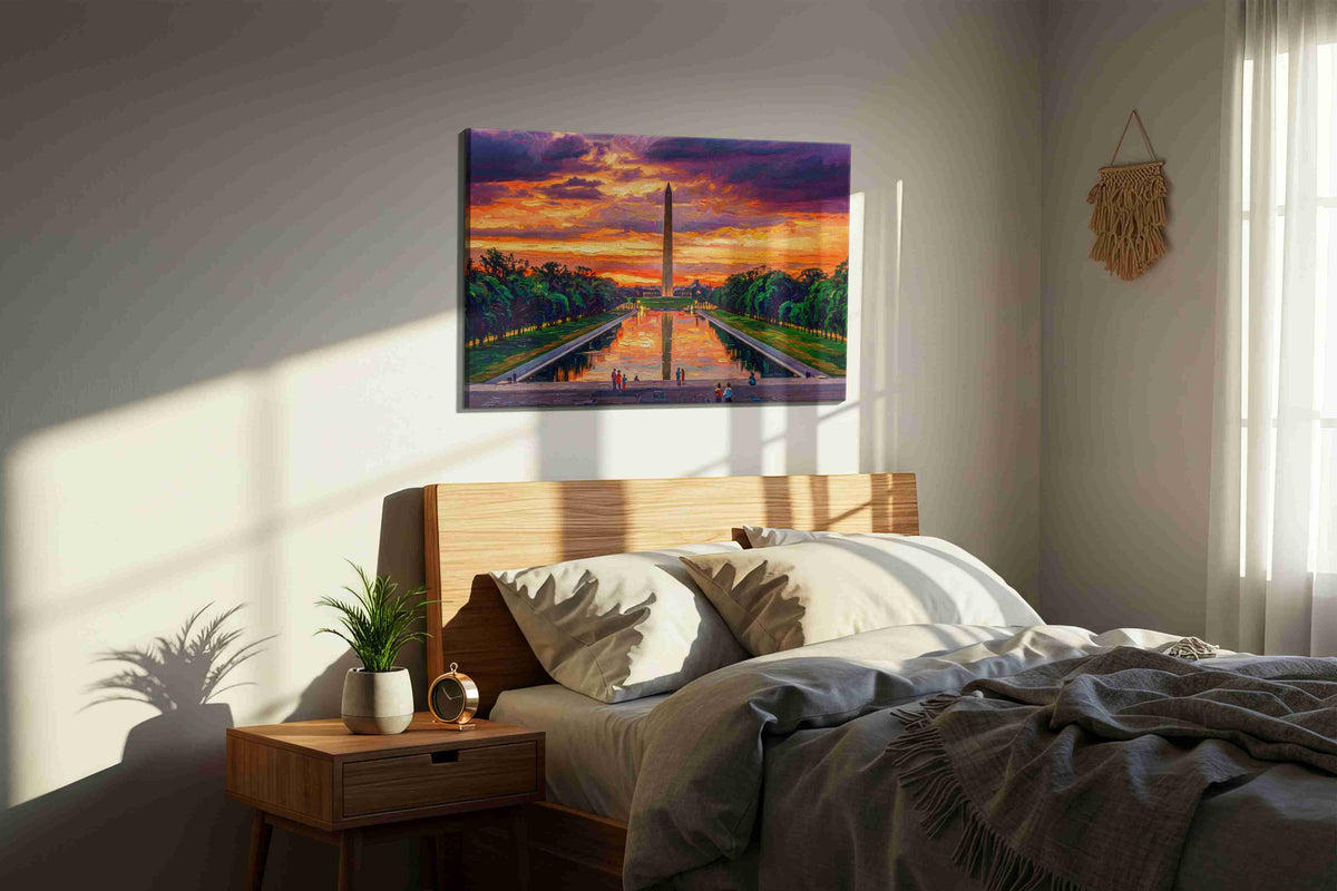 Reflections of Unity landmarks canvas print, displayed in a bedroom