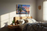 Sunset Serenade Over the Bridge landmarks canvas print, displayed in a bedroom