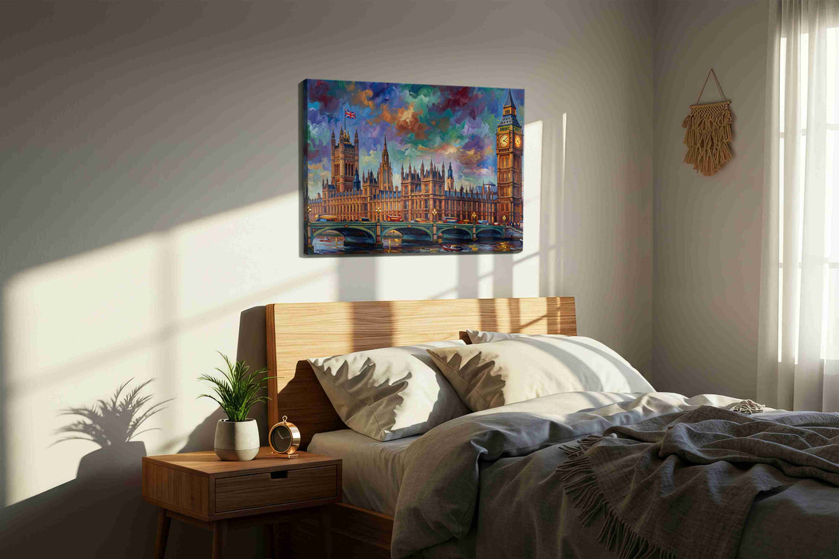 Twilight Over Westminster landmarks canvas print, displayed in a bedroom