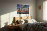 Twilight Over Westminster landmarks canvas print, displayed in a bedroom