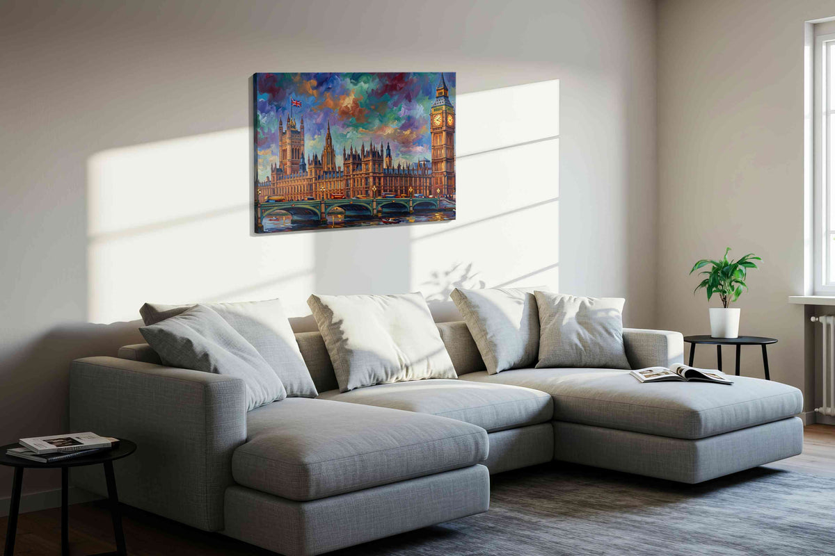 Twilight Over Westminster landmarks canvas print, displayed in a living room