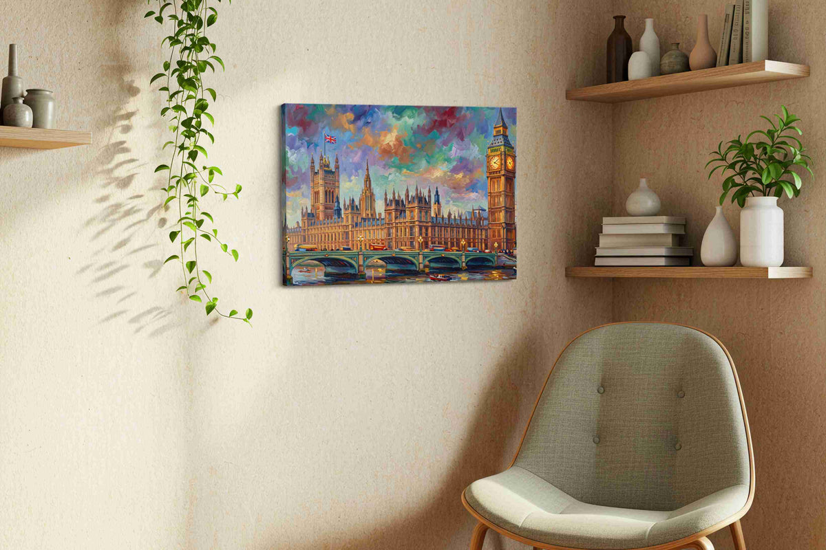 Twilight Over Westminster landmarks canvas print styled in a living room