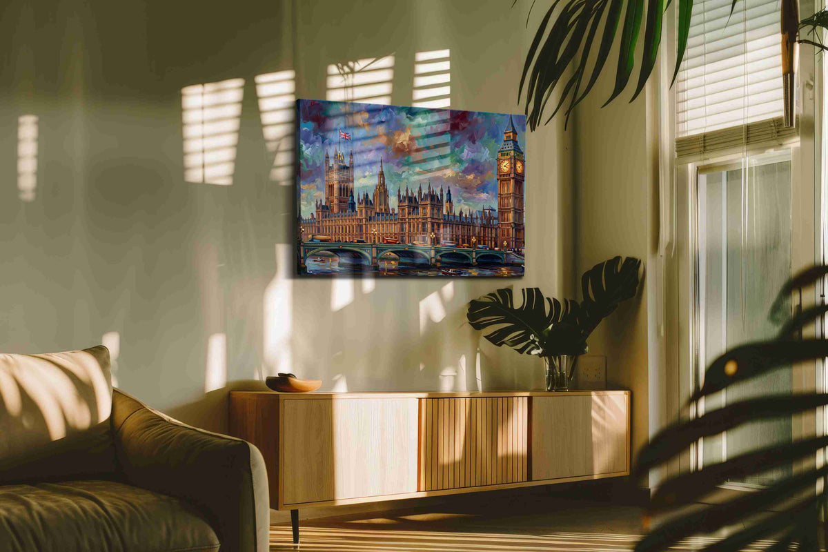 Twilight Over Westminster landmarks canvas print, on wall, lifestyle preview