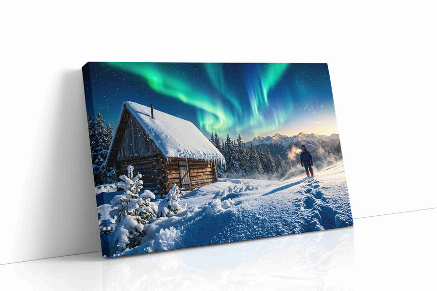 Aurora Cabin Dreamscape winter canvas print gallery-wrapped landscape canvas studio shot
