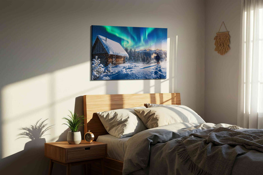 Aurora Cabin Dreamscape winter canvas print, displayed in a bedroom