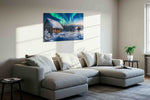 Aurora Cabin Dreamscape winter canvas print, displayed in a living room