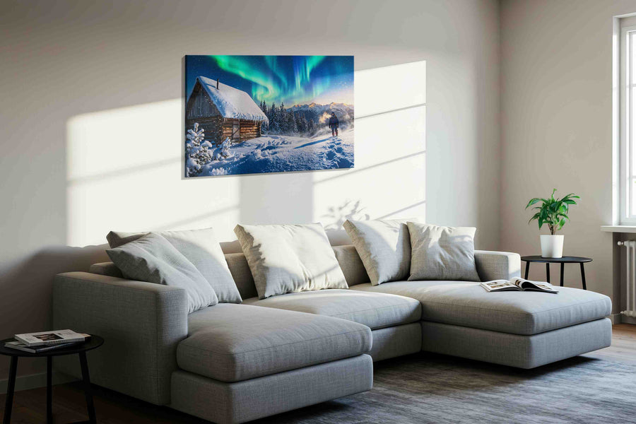 Aurora Cabin Dreamscape winter canvas print, displayed in a living room