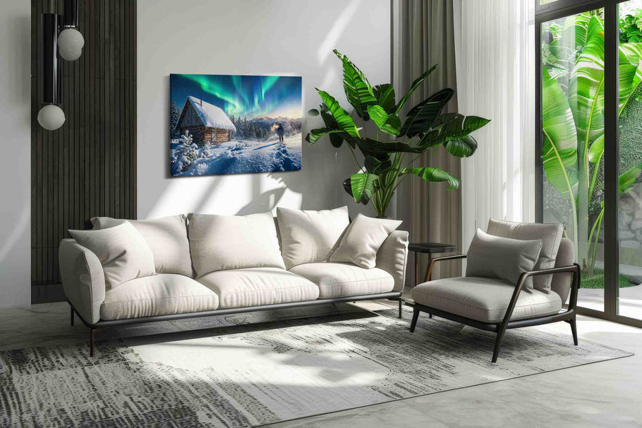 Aurora Cabin Dreamscape winter canvas print in a modern interior mockup