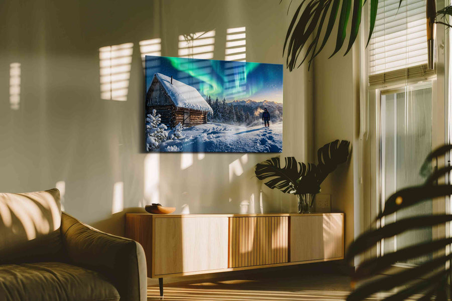 Aurora Cabin Dreamscape winter canvas print, on wall, lifestyle preview