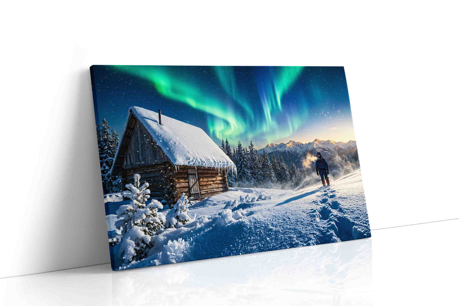 Aurora Cabin Dreamscape winter canvas print, gallery-wrapped, ready to hang