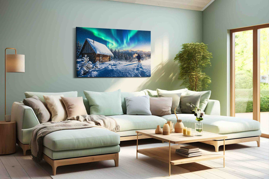 Aurora Cabin Dreamscape winter canvas print, hanging on wall