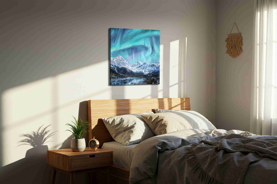 Aurora's Icy Serenade winter canvas print, displayed in a bedroom
