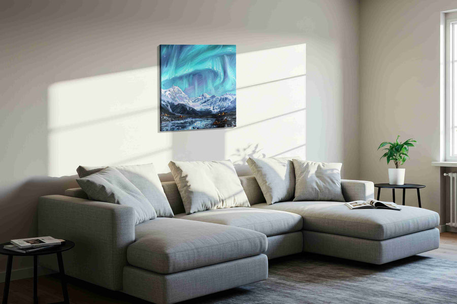Aurora's Icy Serenade winter canvas print in a living room scene