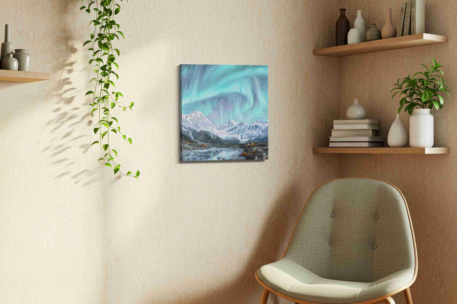 Aurora's Icy Serenade winter canvas print, displayed in a living room