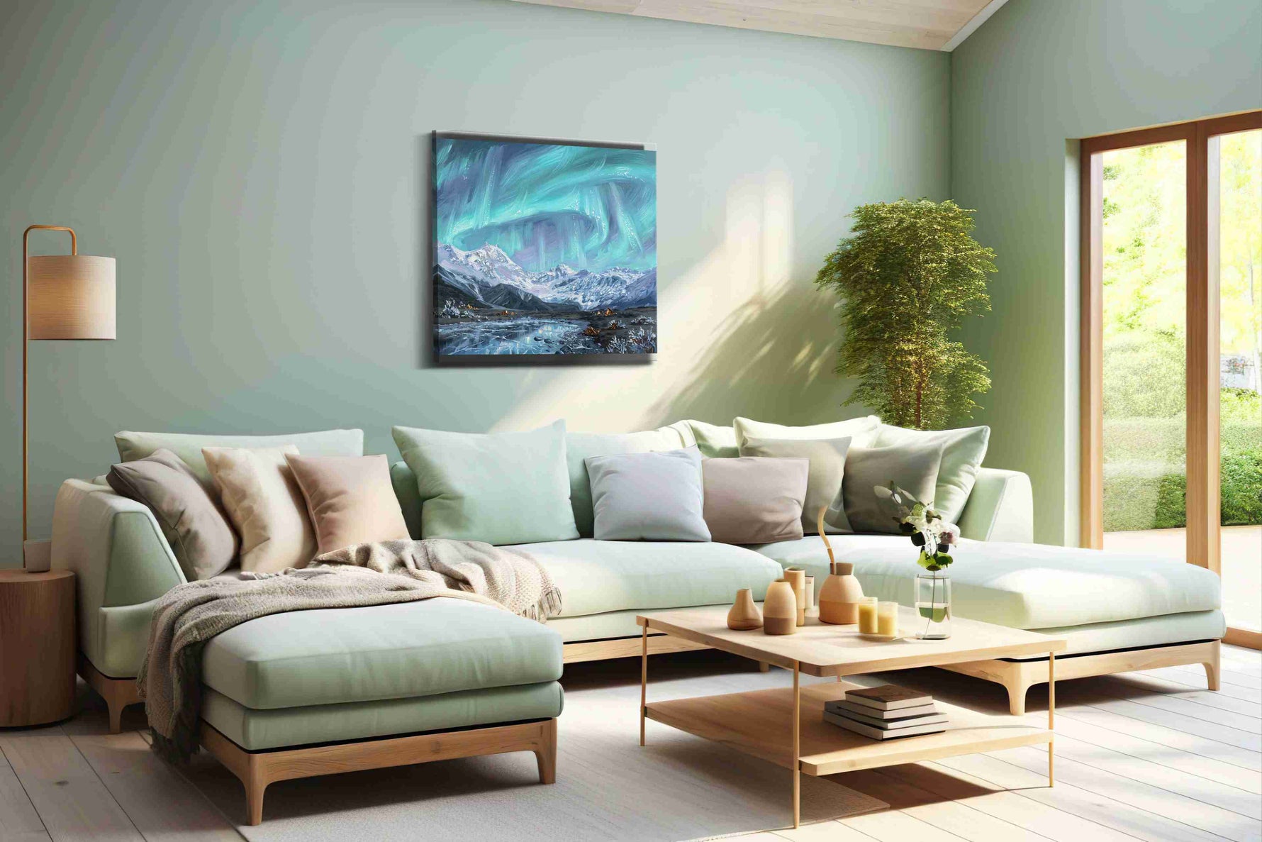 Aurora's Icy Serenade winter canvas print, hanging on wall
