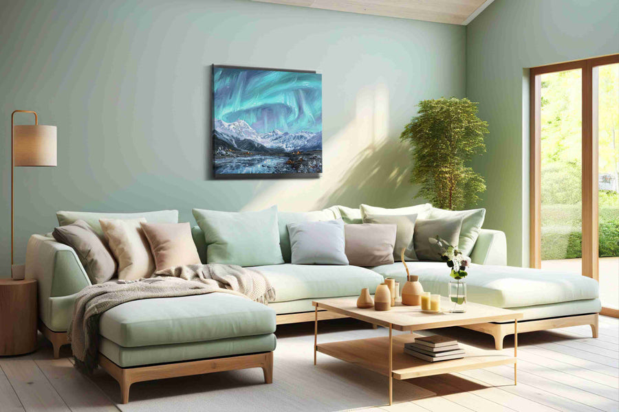 Aurora's Icy Serenade winter canvas print, hanging on wall