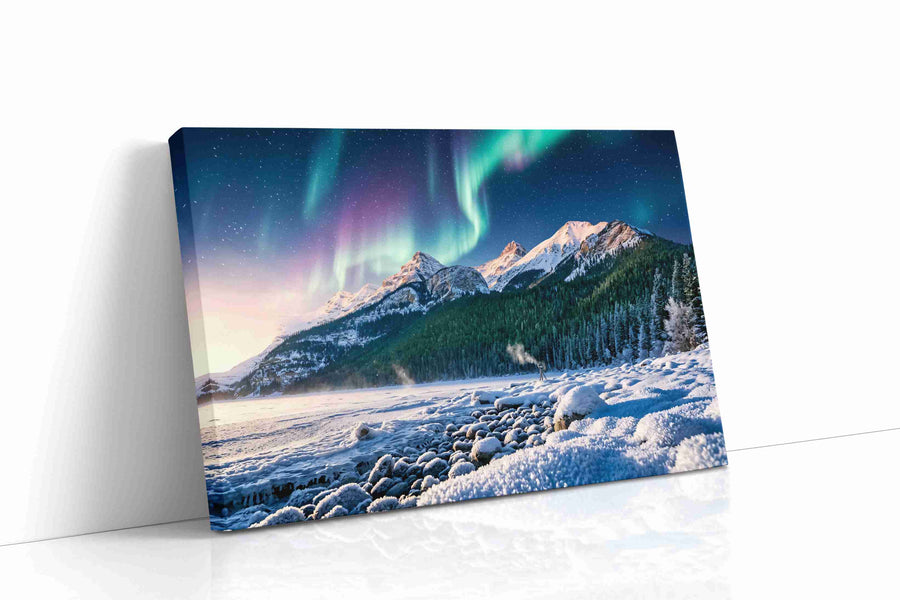 Aurora's Majesty Over Peaks winter canvas print gallery-wrapped landscape canvas studio shot
