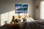 Aurora's Majesty Over Peaks winter canvas print, displayed in a bedroom