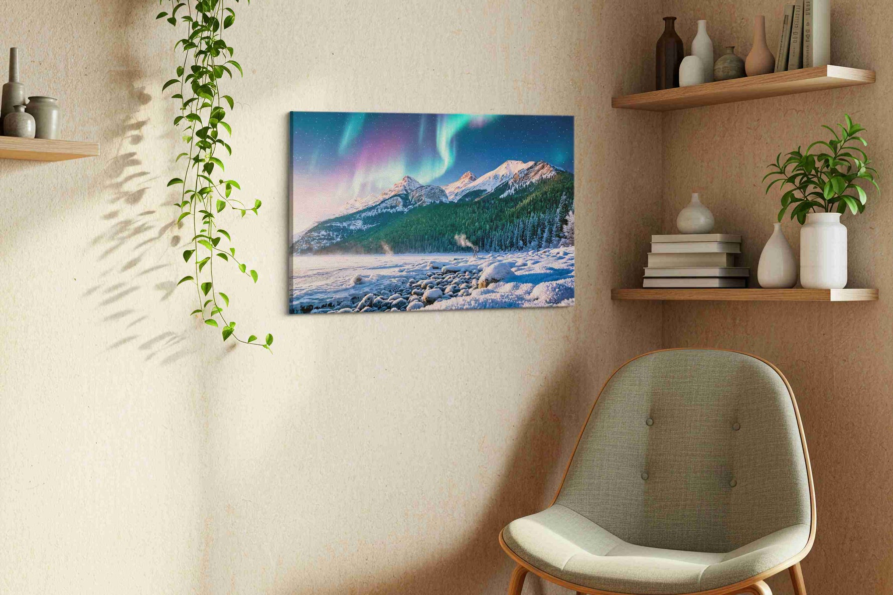 Aurora's Majesty Over Peaks winter canvas print, hanging on wall — view 2