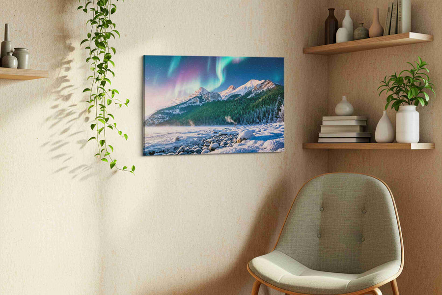 Aurora's Majesty Over Peaks winter canvas print, hanging on wall — view 2