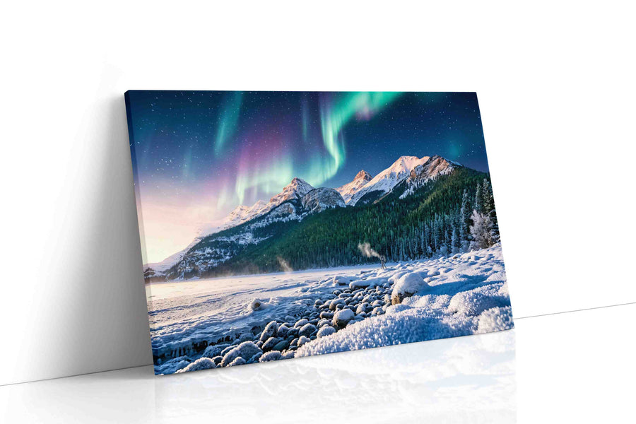 Aurora's Majesty Over Peaks winter canvas print, gallery-wrapped, ready to hang