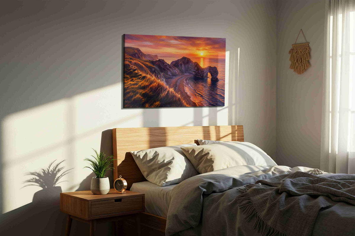 Eternal Sunset at Arched Cliffs beach canvas print, displayed in a bedroom
