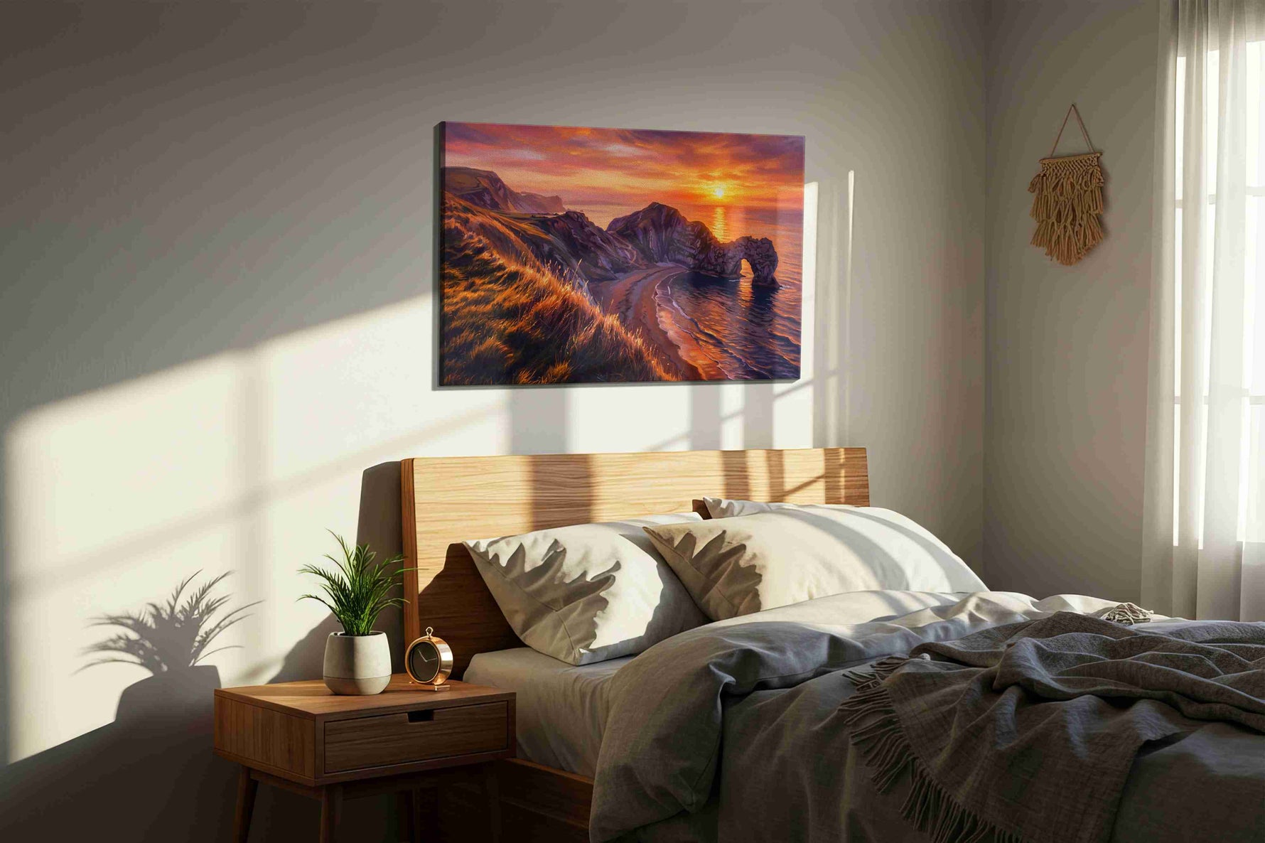 Eternal Sunset at Arched Cliffs beach canvas print, displayed in a bedroom