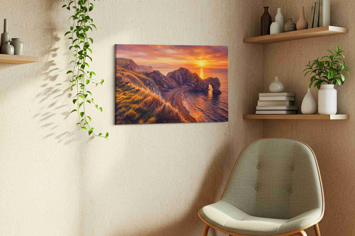 Eternal Sunset at Arched Cliffs beach canvas print, hanging on wall — view 2