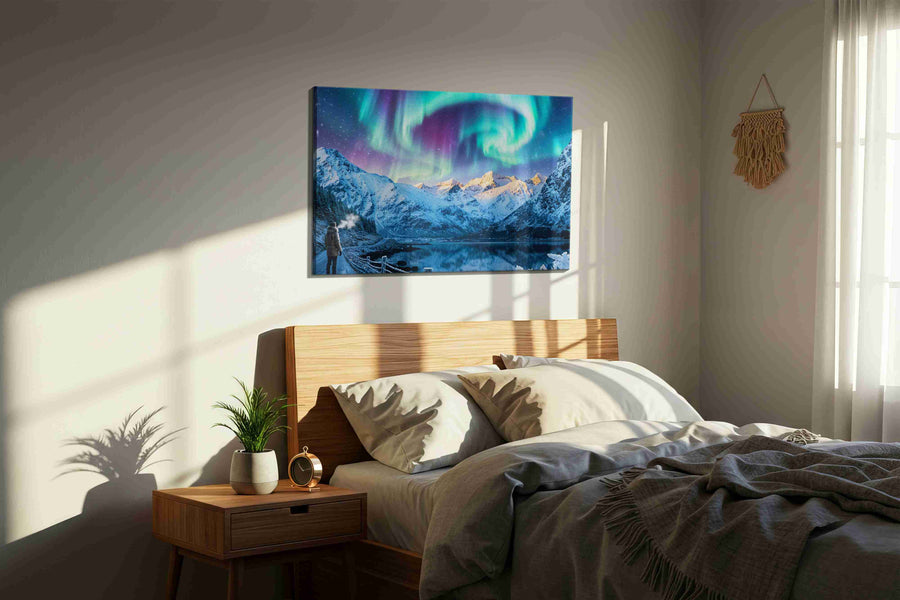 Ethereal Aurora Symphony winter canvas print, displayed in a bedroom