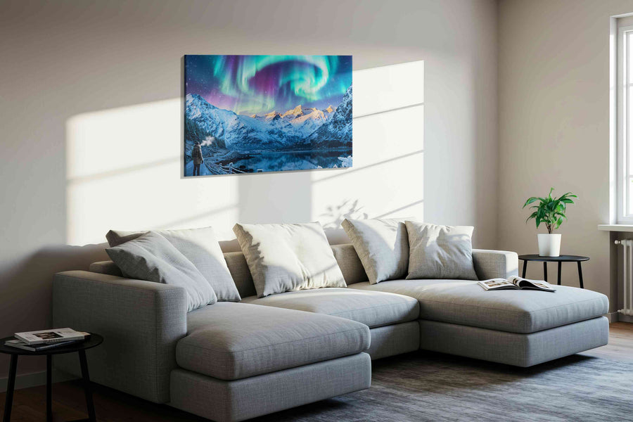 Ethereal Aurora Symphony winter canvas print in a living room scene