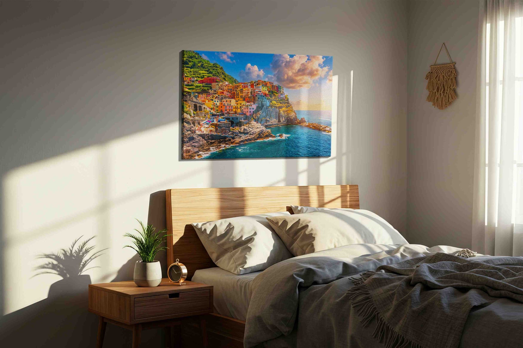 Spectrum of the Cinque Terre summer canvas print, displayed in a bedroom