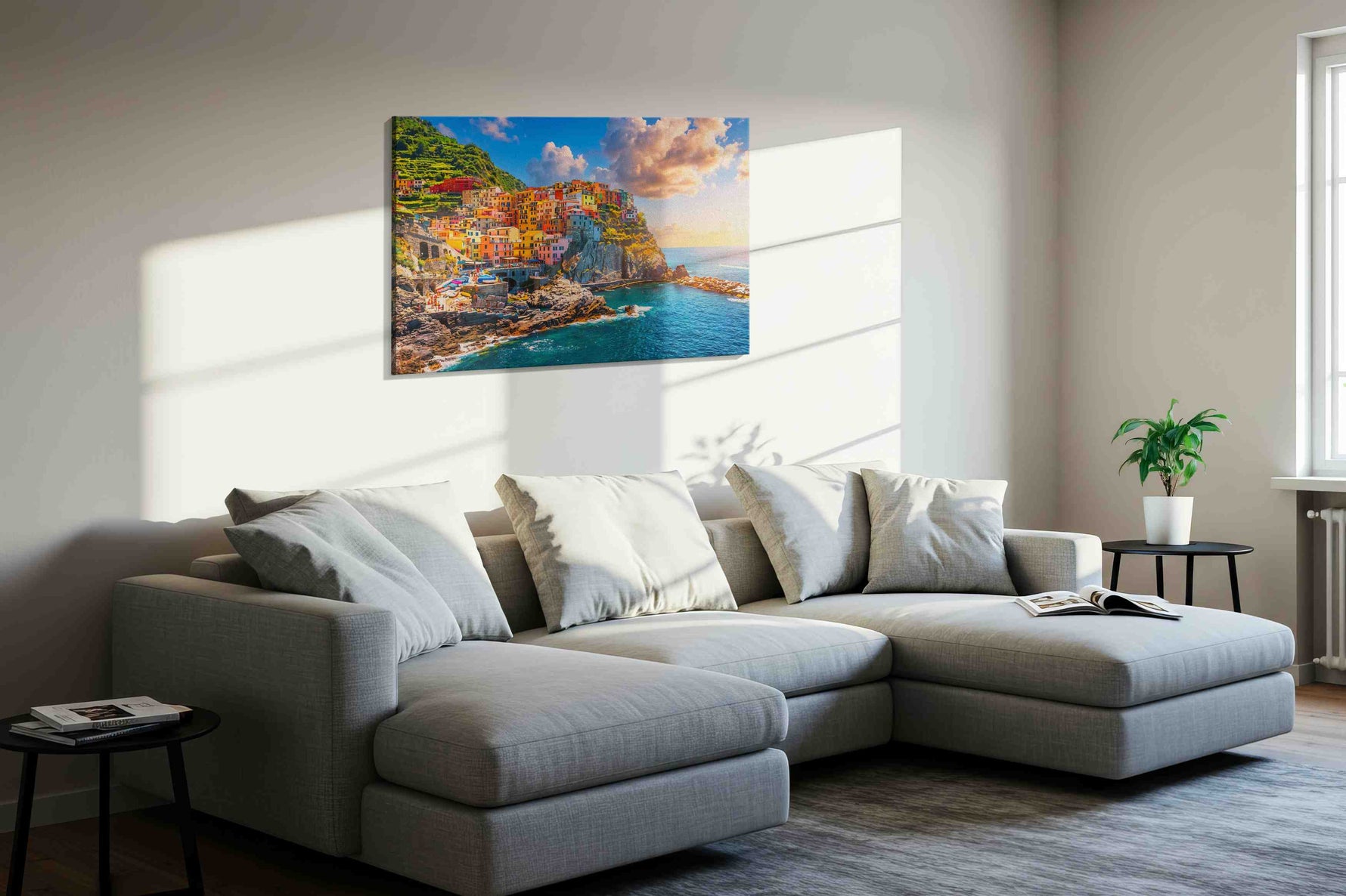 Spectrum of the Cinque Terre summer canvas print, displayed in a living room