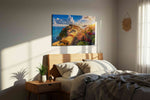 Sunlit Coastal Haven summer canvas print, displayed in a bedroom