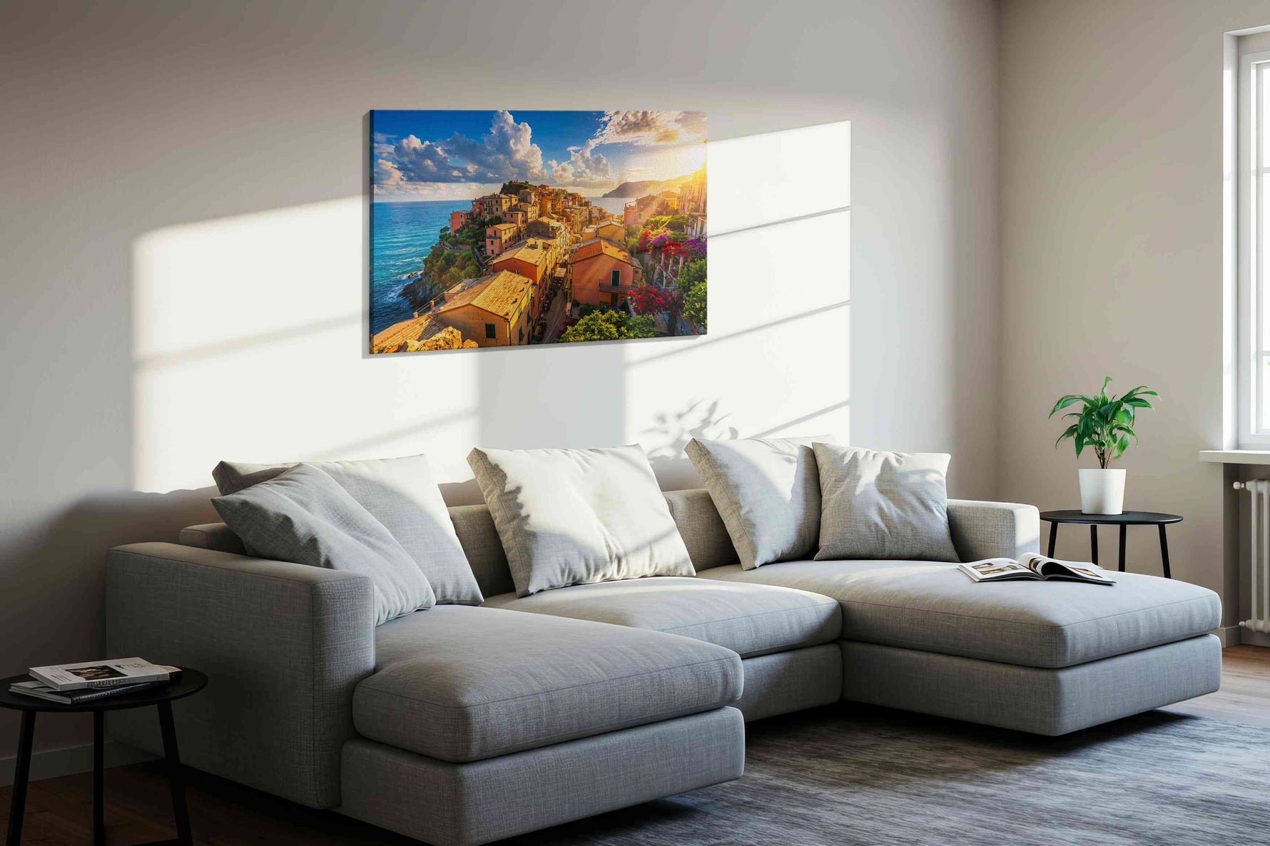 Sunlit Coastal Haven summer canvas print, displayed in a living room