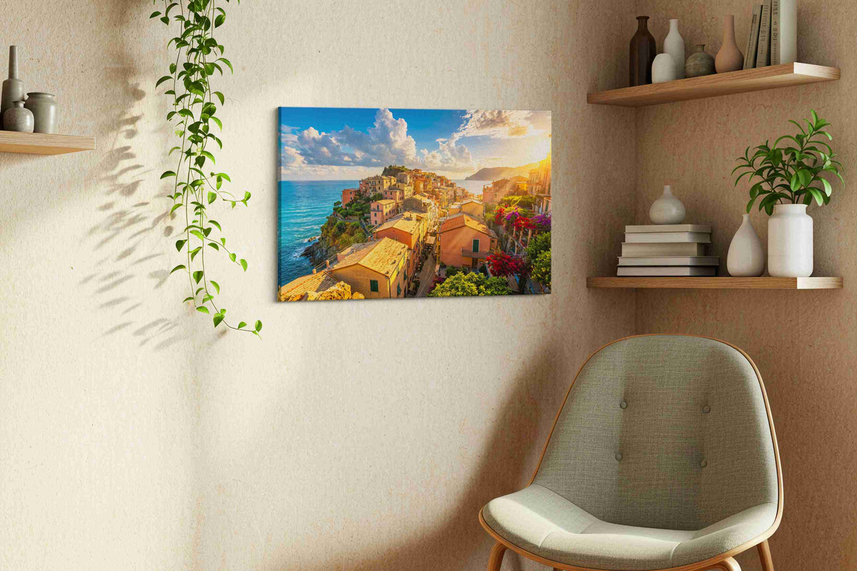 Sunlit Coastal Haven summer canvas print in a living room scene