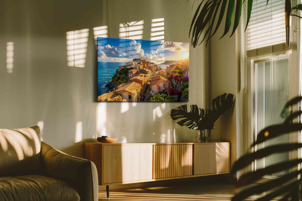 Sunlit Coastal Haven summer canvas print, on wall, lifestyle preview