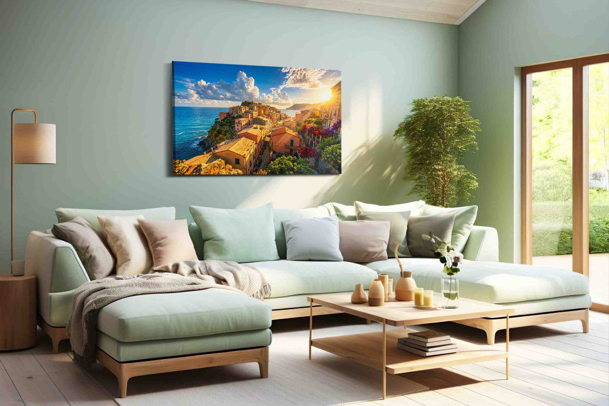 Sunlit Coastal Haven summer canvas print, hanging on wall