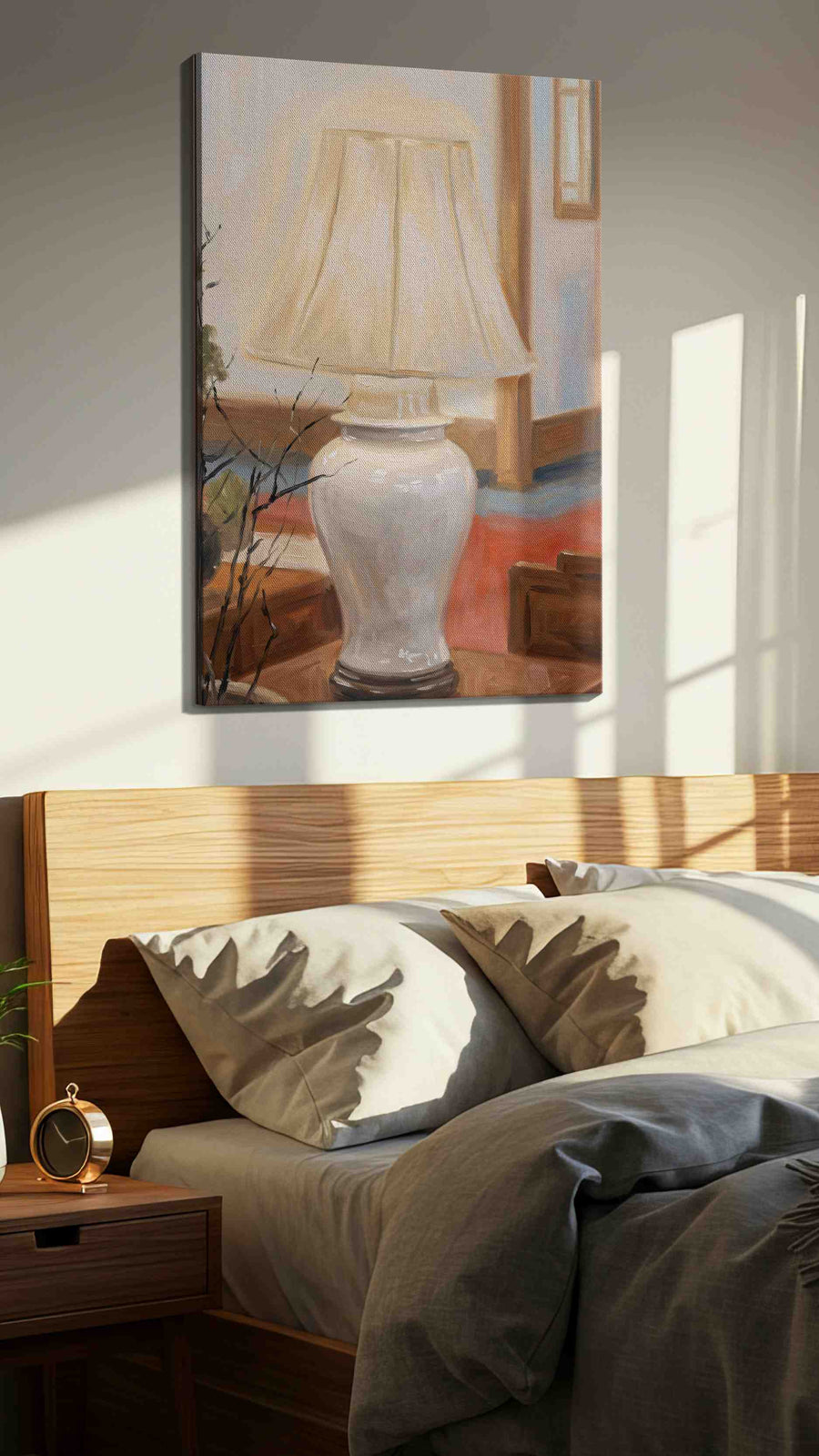 Illuminated Stillness minimalist canvas print, displayed in a bedroom