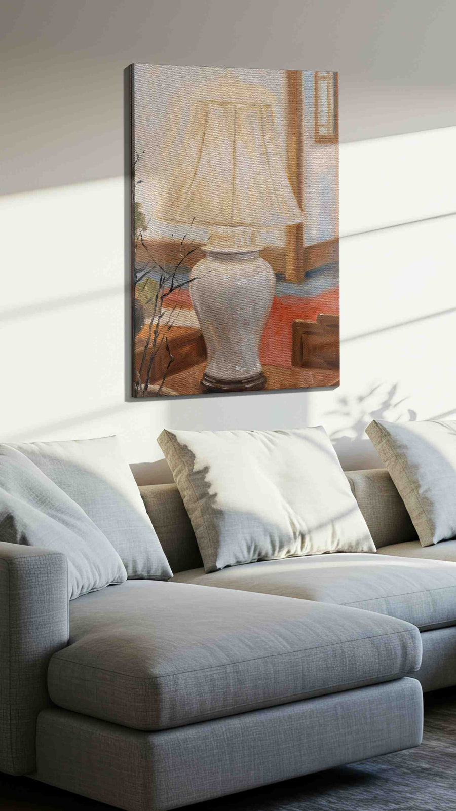 Illuminated Stillness minimalist canvas print, displayed in a living room