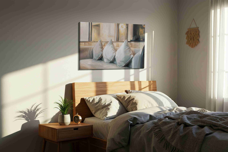 Tranquil Sofascape minimalist canvas print, displayed in a bedroom